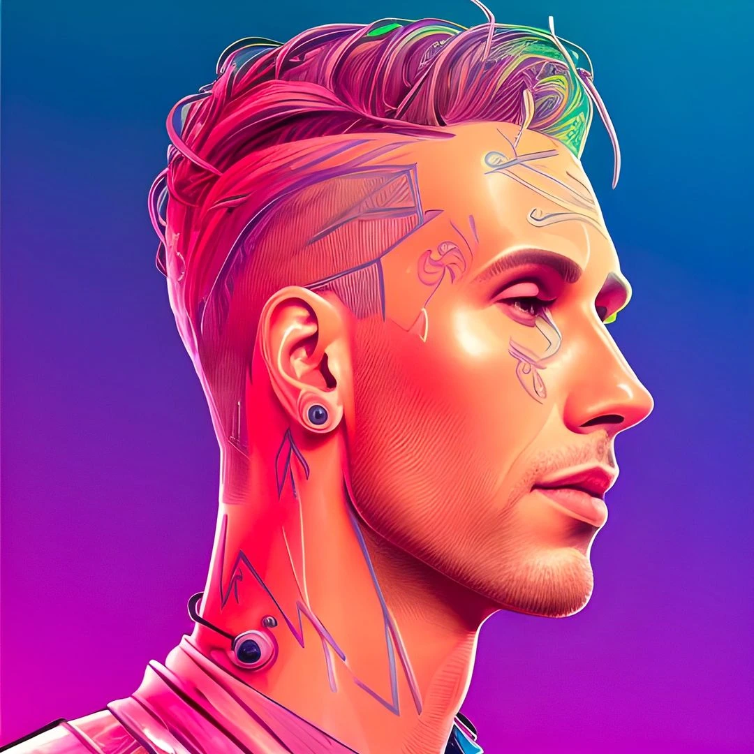 Colorful profile portrait artwork in electric cyan, vivid magenta, violet and warm orange